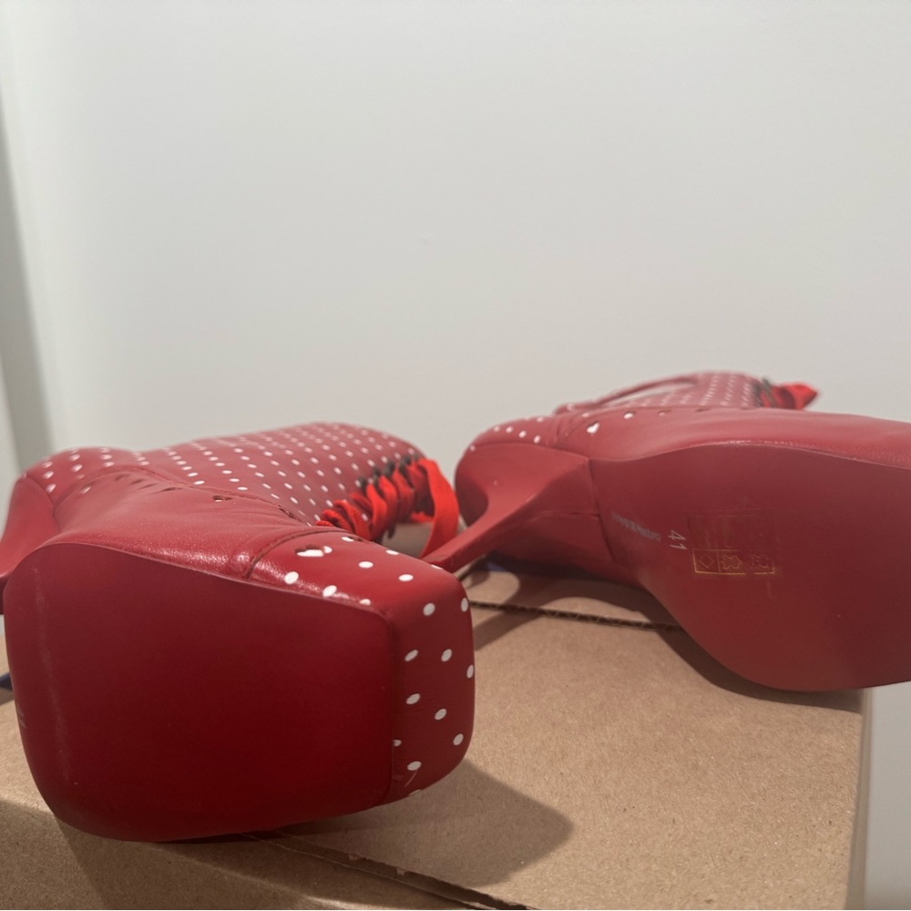 New Irregular Choice “Blythe” Red Polka-Dot Heart Cutout Lace-Up Ankle Boots - Picture 5 of 6